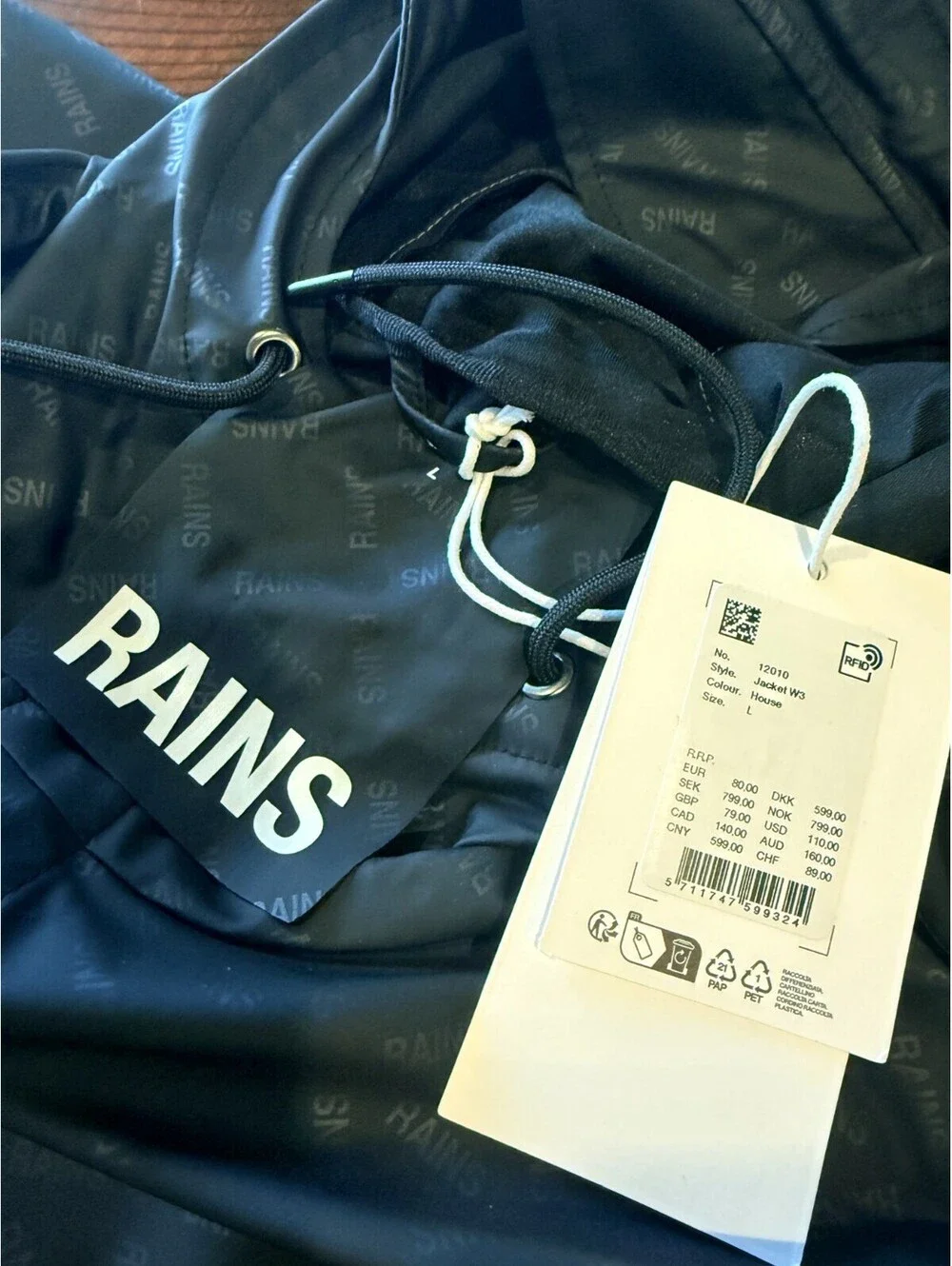 RAINS Jacket W3 House Monogram  Waterproof Hooded Rain Jacket Unisex Large NWT